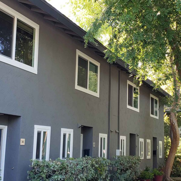 Sycamore Green Apartments: Two-story Townhouse Building, grey with white trim