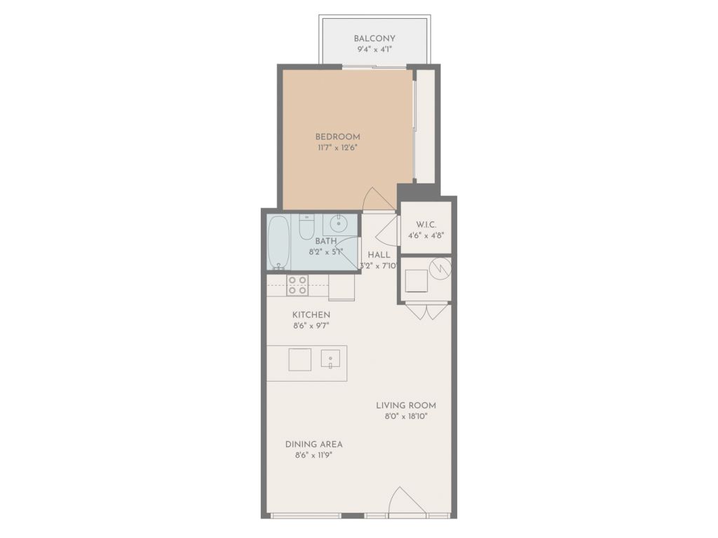 Floor Plan 1 bedroom, 1 bathroom Sycamore Green South Complex Floor plan drawing of the 1 bedroom, 1 bathroom unit in the Sycamore Green South Complex